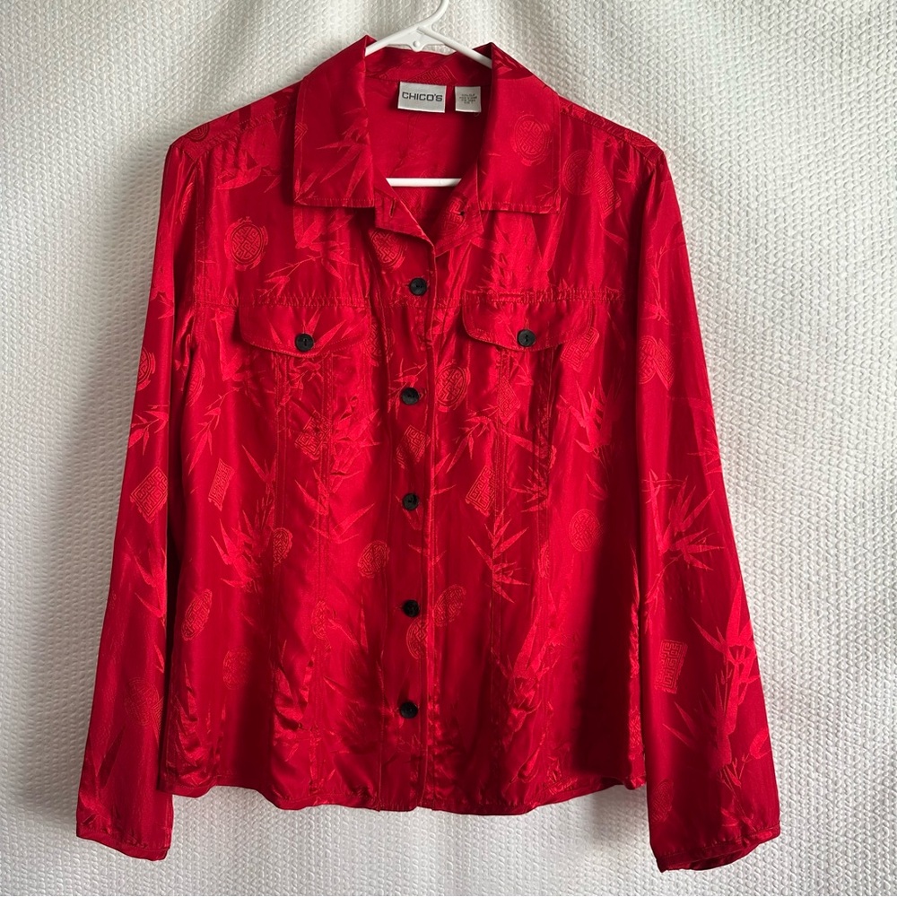 CHICO’S Red 100% Silk Floral Button Front Long Sleeve Blouse Shirt Top Medium